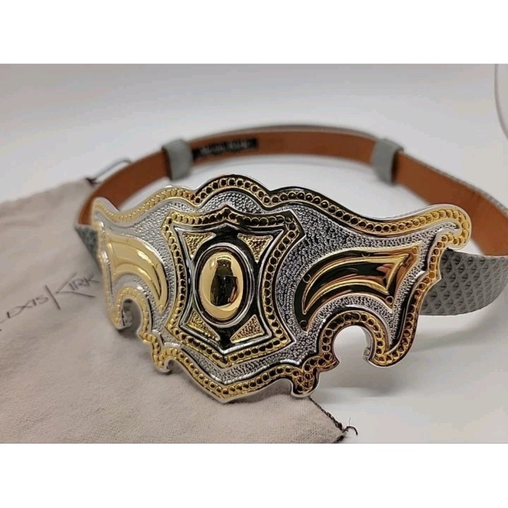 Vtg ALEXIS KIRK Belt Gold SilverTone Buckle Gray Reptile Leather 80s Rare Signed